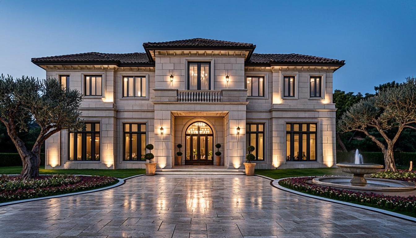 Mediterranean luxury mansion with grand entrance and stone facade