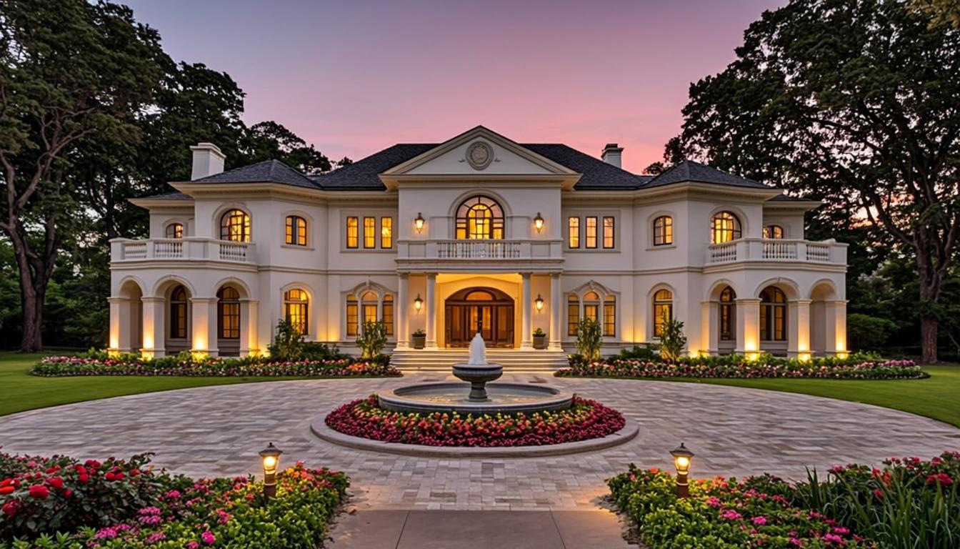 Grand colonial luxury mansion with fountain driveway